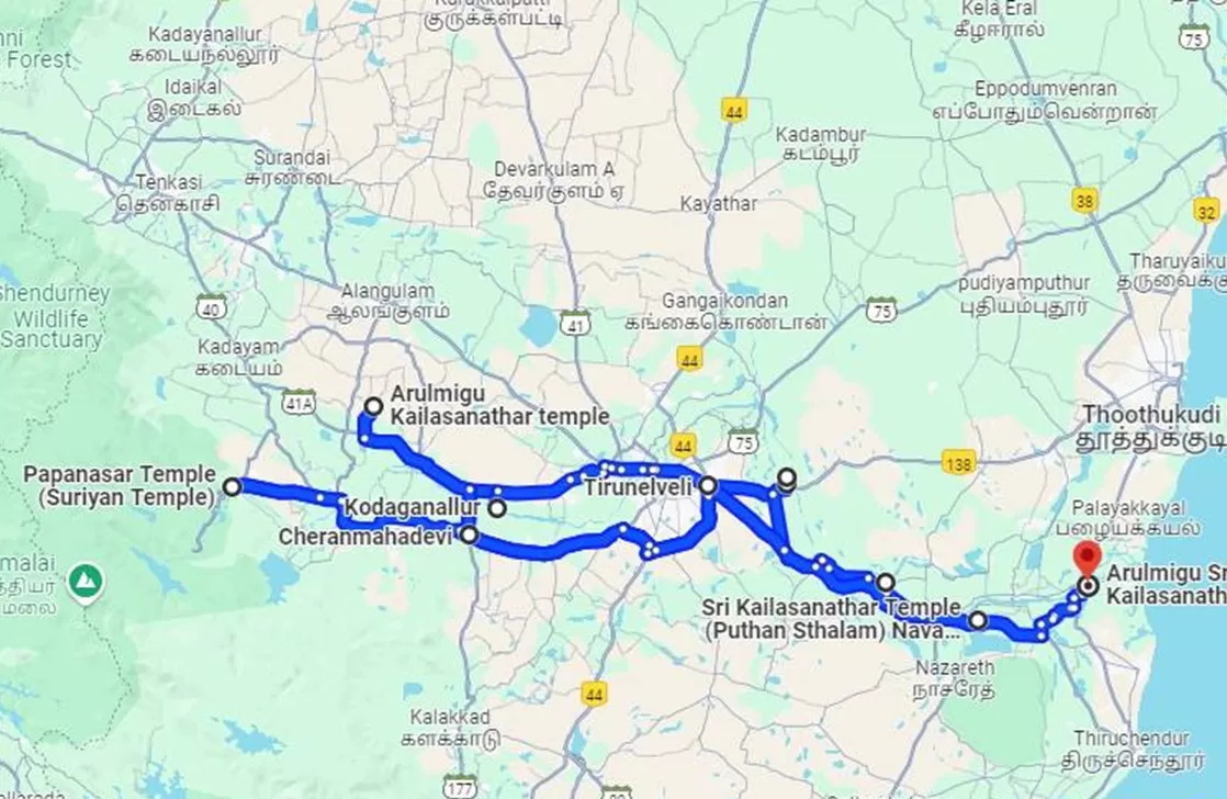 Nava_Kailasam_temples This is a suggestive travel plan path to cover the Nava Kailasa Temples from Tirunelveli junction / town.
