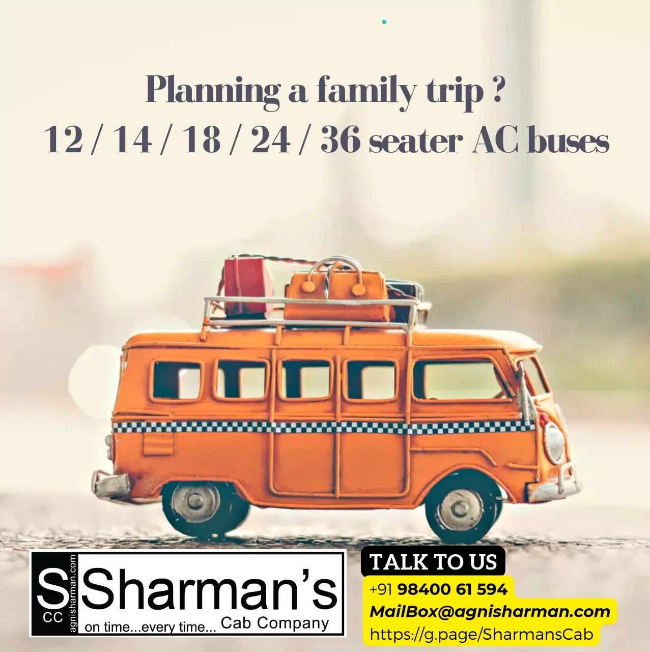 Bus Rental in Chennai by Sharman's Cab CompanyWe offer 12, 14, 25 and 40 seater AC Bus Rental In Chennai. Please reach out to us at +91-9840061594 for more detailsWe offer Bus Rental in Chennai for Group Tours, Corporate Team Outing, Family Trips, Special occassions, Wedding Hire, School Trips, College Fild Trips.